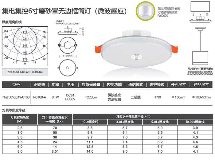 集电集控6寸磨砂无边框筒灯（微波感应）详情