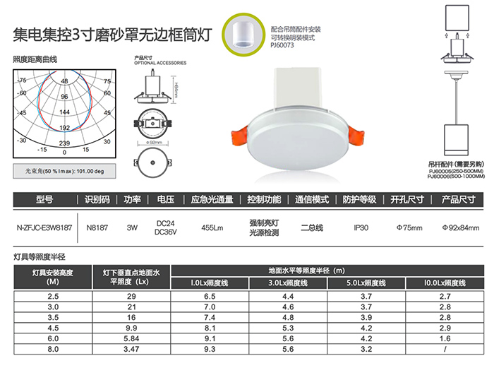 集电集控3寸磨砂罩无边框筒灯详情